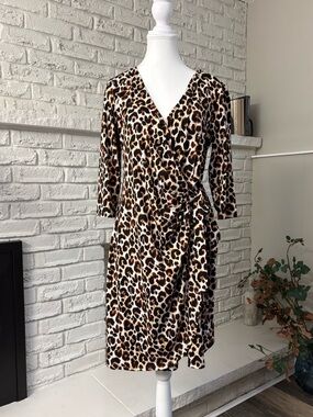 Reitmans Leopard Print 3/4 Sleeve Faux-Wrap Dress - Size Large